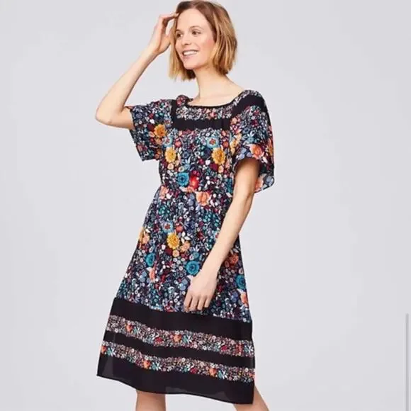 LOFT Black Floral Print Striped Off the Shoulder Dress Sz. Small Petite SP - Picture 1 of 8